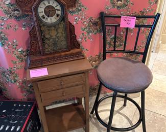 Antique clock, small 2 drawer table, bar stool
