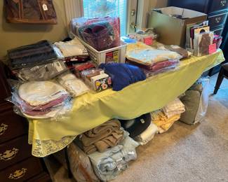 New hats, shawls, sweaters, wallets, hosiery, gloves all never worn! Blankets, coverlets and more!