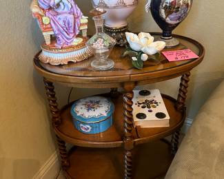 Oval barley twist 2 tier table and figurines. Antique lamp