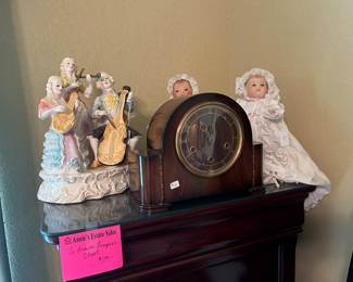 Antique mantle clock, figurine dolls