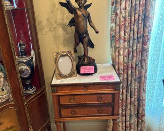 Antique marble top night table and bronze