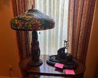Tiffany style lamp and small deer bronze