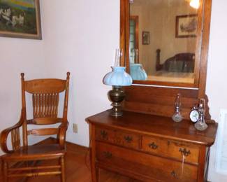 Antique Oak Rocking Chair, Antique Oak Dresser with Mirror