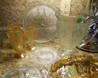 Vintage "Iris & Herringbone" Pitcher, Platter & Marigold Stemware