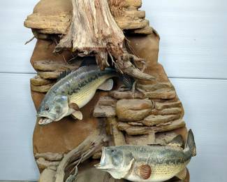 Bass Freestanding Taxidermy, Appearing Against Dirt And Rocky Surface, Approx 38" x 30" x 14", One Fish Has Damage To Fins, Bracket On Back To Be Wall Mounted 
