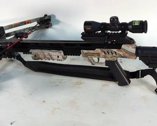 Center Point Sniper 370 Crossbow, With Nikon Bolt XR Scope, Adjustable Stock, Padded Sling, In Carry Case, With 19 Bolts, Broadheads, Cocking Aids, And Quiver