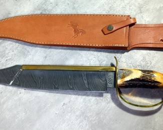 Colt D-Guard Damascus Knife, 14.5" Blade, With Tooled Leather Sheath, In Box