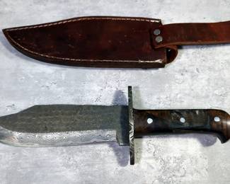 Custom Damascus Fixed Blade Knife, 7.25" Blade, In Leather Sheath