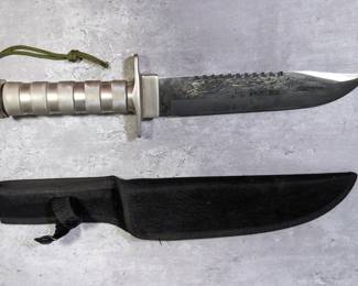 Fixed Blade Survival Knife With Serrated Back Edge, 8" Blade, Pommel Includes Matches, Fishing Line And Hook, Compass, And More, In Nylon Sheath 