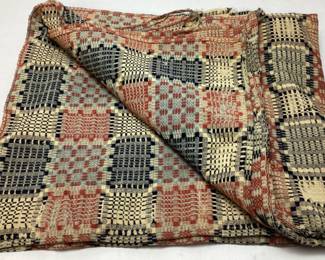 19th CENTURY NC HAND SPUN OVERSHOT COVERLET, RED & NAVY WOOL ON NATURAL & LIGHT BLUE COTTON FIELD
SOME WEAR & FADING
