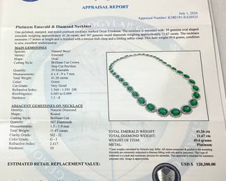PLATINUM EMERALD & DIAMOND NECKLACE, 17’’ L, 41.26cts EMERALDS, 11.67cts DIAMONDS, 49.6g TOTAL WEIGHT, AIGL APPRAISAL $120,300.00