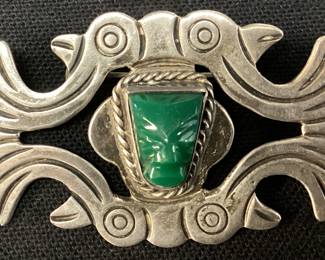 STERLING TAXCO GREEN ONYX CARVED FACE BR