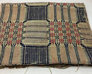 19th CENTURY NC HAND SPUN OVERSHOT COVERLET, NAVY & RED WOOL ON COTTON FIELD
FADING & WEAR w SOME STAINS