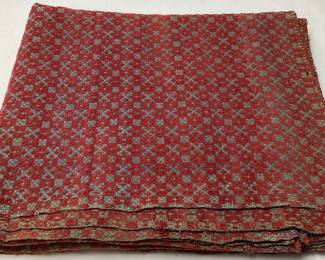 19th CENTURY NC HAND SPUN OVERSHOT COVERLET, RED WOOL ON LIGHT BLUE COTTON FIELD SOME WEAR & FADING,