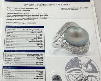 PLATINUM TAHITIAN PEARL & DIAMOND RING, SIZE 7.5, 1.09cts DIAMONDS, 17.4g TOTAL WEIGHT, G.I.A. CERTIFIED TAHITIAN PEARL, GGA APPRAISAL $22,840.00