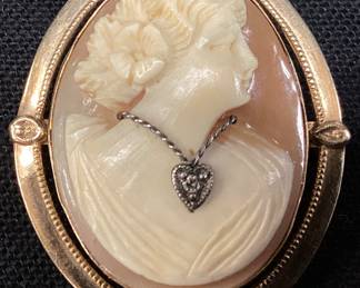 10KT GOLD & DIAMOND CAMEO BROOCH,
