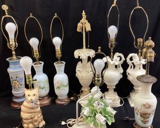 CHOICE LOT TABLE LAMP, HAND PAINTED PORCELAIN, CERAMIC, ALABASTER