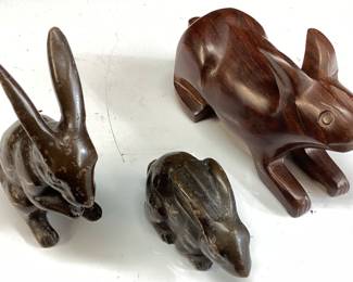 (3) 2 VTG. JAPANESE BRONZE BUNNY’S & SOLID WOOD