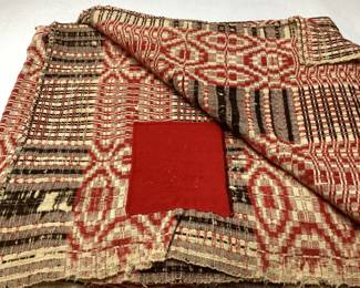 19th CENTURY NC HAND SPUN OVERSHOT COVERLET, RED & BROWN WOOL ON NATURAL COTTON FIELD SMALL RED PATCH, SOME FADING AND WEAR