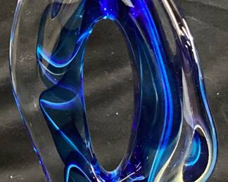 SIGNED BLUE GLASS OBJECT DE ART, 12’’ H