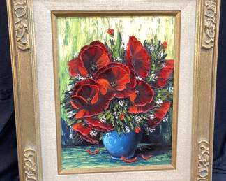 OIL ON CANVAS FRAMED VASE OF POPPIES