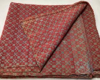 19th CENTURY NC HAND SPUN OVERSHOT COVERLET, RED WOOL ON LIGHT BLUE COTTON FIELD SOME WEAR & FADING,