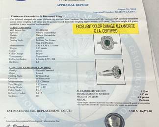 PLATINUM ALEXANDRITE & DIAMOND RING, SIZE 7.25, 0.65cts ALEXANDRITE, 0.67cts DIAMONDS, 6.9g TOTAL WEIGHT, G.I.A. CERTIFIED NATURAL CHRYSOBERYL ALEXANDRITE, AIGL APPRAISAL $16,376.00