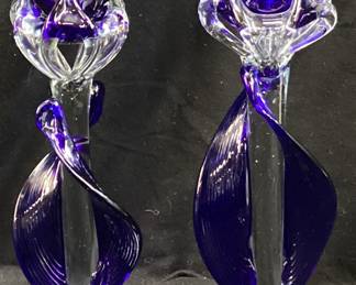 PAIR OF COBALT TWISTED GLASS CANDLEHOLDERS, 10’’ H