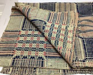 19th CENTURY NC HAND SPUN OVERSHOT COVERLET, NAVY & RED WOOL ON COTTON FIELD
FADING & WEAR w SOME STAINS