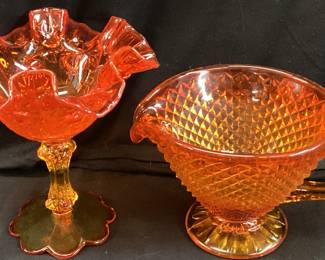  (2) AMBERINA GLASS FENTON ROSE COMPOTE & JEANETTE DIAMOND POINT PITCHER