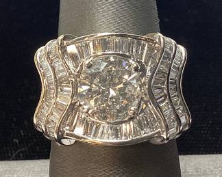 18KT WHITE GOLD DIAMOND RING, SIZE 6.5, 2.08cts CENTER DIAMOND, 1.71cts ADJACENT DIAMONDS, 12.3g TOTAL WEIGHT, AIGL APPRAISAL $33,738.00