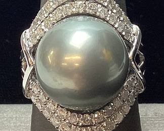 PLATINUM TAHITIAN PEARL & DIAMOND RING, SIZE 7.5, 1.09cts DIAMONDS, 17.4g TOTAL WEIGHT, G.I.A. CERTIFIED TAHITIAN PEARL, GGA APPRAISAL $22,840.00