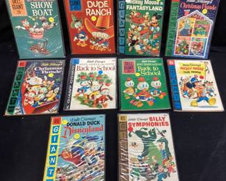 (10) VTG. DELL GIANT WALT DISNEY MICKEY MOUSE, DONALD DUCK, 1955 CLUB PARADE #1, 1955 DONALD DUCK IN DISNEYLAND #1, 1955 #7, 1956 #8, 1957 MICKEY IN FANTASYLAND #1, 1957 #7, 1958 #1 HUEY, DEWEY & LOUIE, 1961 #49, #52, #55,