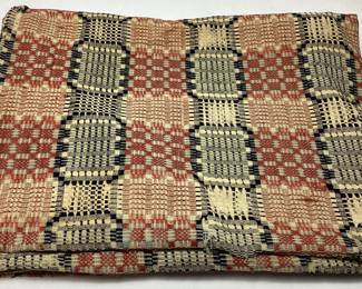 19th CENTURY NC HAND SPUN OVERSHOT COVERLET, RED & NAVY WOOL ON NATURAL & LIGHT BLUE COTTON FIELD
SOME WEAR & FADING