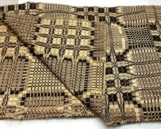 19th CENTURY NC HAND SPUN OVERSHOT COVERLET, BLACK WOOL ON COTTON FIELD
SOME WEAR & FADING