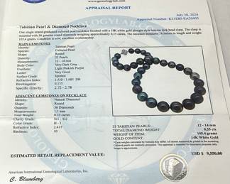 TAHITIAN PEARL & DIAMOND NECKLACE, 14KT WHITE GOLD BEAD CLASP, 18’’ L, 0.35cts DIAMONDS, 105.4g TOTAL WEIGHT, AIGL APPRAISAL $9,550.00