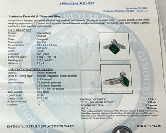 PLATINUM EMERALD & DIAMOND RING, SIZE 7, 2.25cts EMERALD, 0.32cts DIAMONDS, 8.2g TOTAL WEIGHT, AIGL APPRAISAL $16,794.00