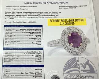 PLATINUM SAPPHIRE & DIAMOND RING, SIZE 7.25, 1.02cts SAPPHIRE, 0.44cts DIAMONDS, 5.7g TOTAL WEIGHT, G.I.A. CERTIFIED RARE UNHEATED KASHMIR SAPPHIRE, GGA APPRAISAL $14,730.00