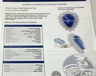 PLATINUM TANZANITE & DIAMOND RING, SIZE 7.75, 11.17cts TANZANITE, 2.21cts DIAMONDS, 20.4g TOTAL WEIGHT, G.I.A. CERTIFIED TANZANITE ZOISITE, GGA APPRAISAL $71,260.00