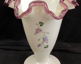 FENTON MILK GLASS LILAC CREST HAND PAINTED 6’’
