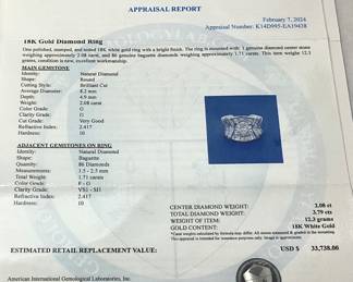 18KT WHITE GOLD DIAMOND RING, SIZE 6.5, 2.08cts CENTER DIAMOND, 1.71cts ADJACENT DIAMONDS, 12.3g TOTAL WEIGHT, AIGL APPRAISAL $33,738.00
