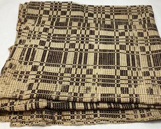 19th CENTURY NC HAND SPUN OVERSHOT COVERLET, BLACK & BROWN WOOL ON NATURAL COTTON FIELD SOME WEAR, RIPS & FADING,