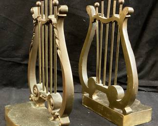 PAIR OF VTG. BRASS HARP BOOKENDS