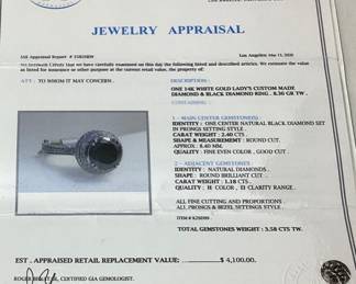 14KT WHITE GOLD DIAMOND & BLACK DIAMOND RING, SIZE 7.25, 2.40cts BLACK DIAMOND, 1.18cts ADJACENT DIAMONDS, 8.36g TOTAL WEIGHT, IAS APPRAISAL $4,100.00