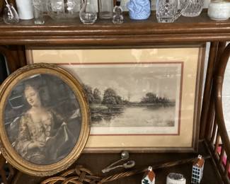 CHOICE SHELF LOT, ART, VTG. GLASS, RUG BEATER, FIGURINES