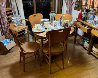 Antique cafe pub table with  oak chairs