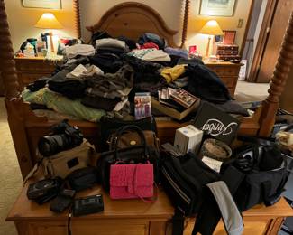 Vintage cameras, purses, clothes, wood 4 posted bed