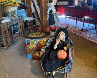 Blue chest $60, blue child's twig chair $75, Clarice the Witch by Joe Spencer $100