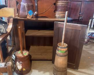 Cute small cupboard $200, Butter churn $75, butter churn(small) $20.