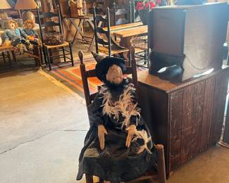 Primitive ladder back rocker $50, Vivienne the Witch by Joe Spencer $75